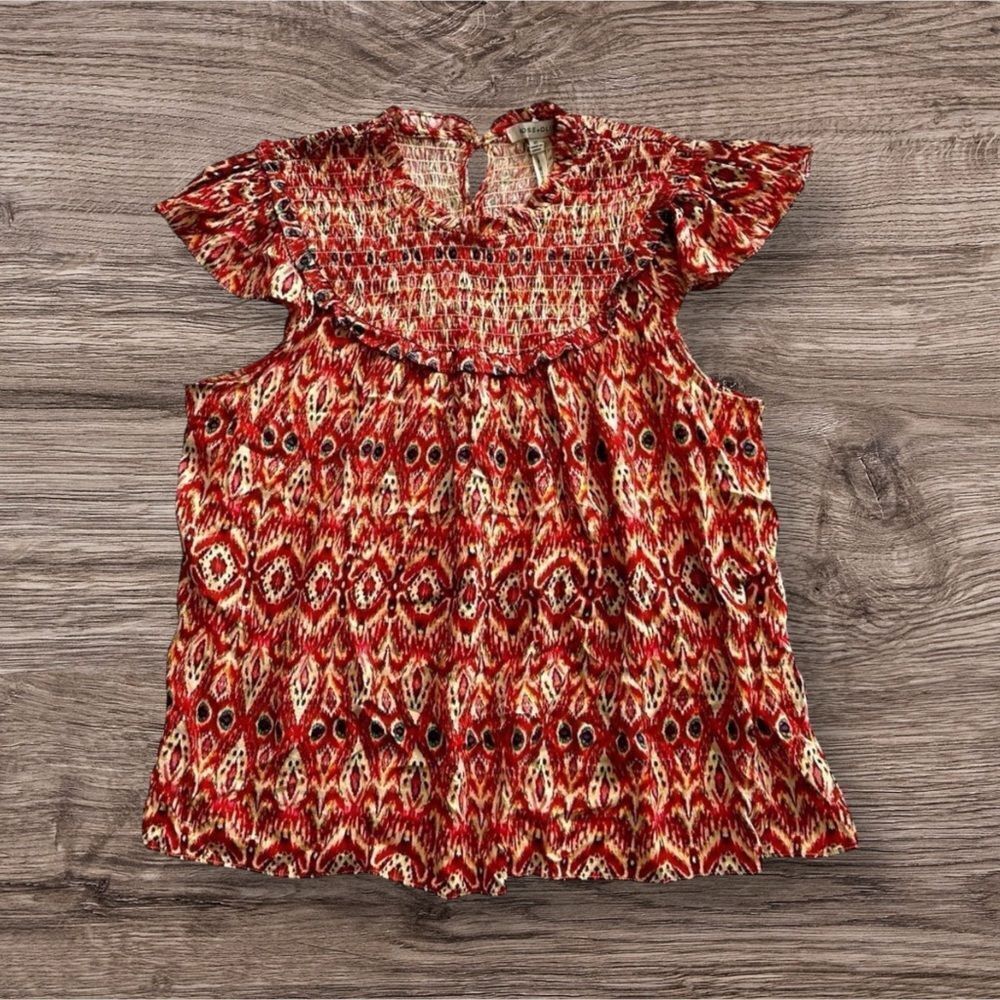 Rose + Olive Boho Flutter Sleeve Smocked Blouse NWT Red Orange XL